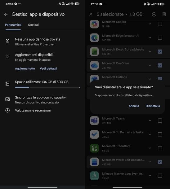 Disinstallare app Microsoft 365 Android