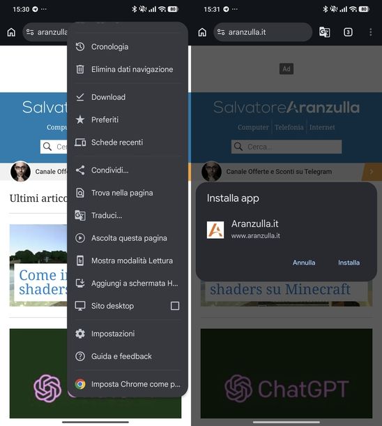 Creare collegamento sul desktop di pagina Web Chrome Android