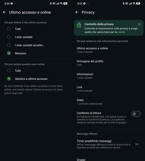 Disattivare ultimo accesso online conferma lettura WhatsApp Android