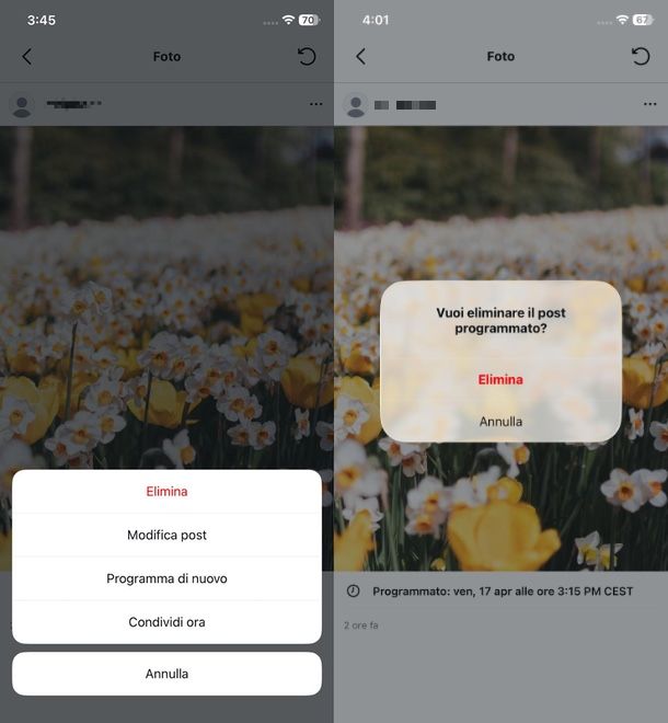 come eliminare post programmati Instagram