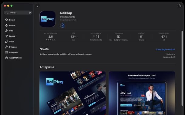 Aggiornare RaiPlay macOS