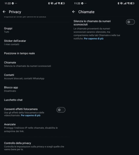 Disattivare blocco chiamate numeri sconosciuti WhatsApp Android