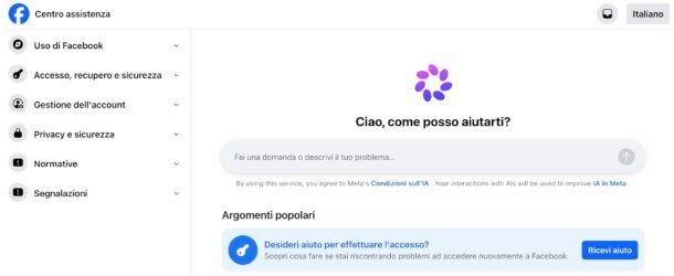 Centro assistenza Facebook