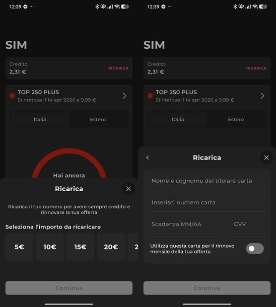 Ricaricare SIM iliad app manualmente