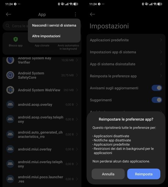 Reimpostare preferenze app Android