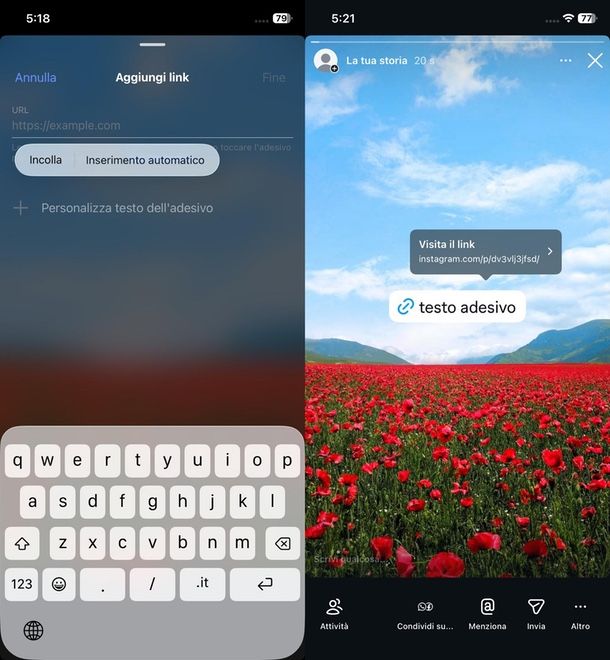 link post storie app Instagram