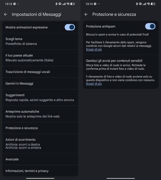 Attivare protezione antispam Messaggi Google