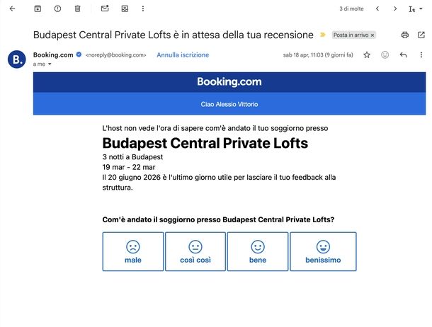 Fare recensione su Booking email