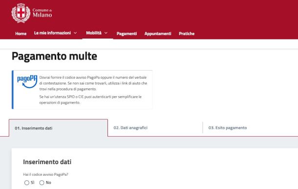pagamento multe sito Comune di Milano