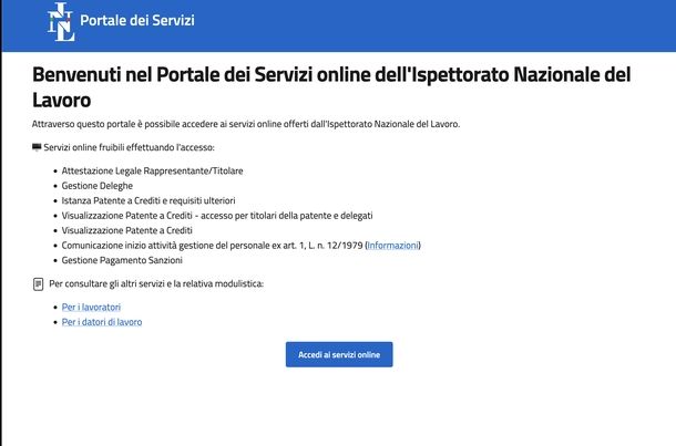 Portale Servizi online Ispettorato Nazionale del Lavoro