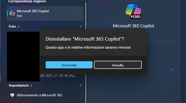 Disinstallare Microsoft 365 Copilot Windows
