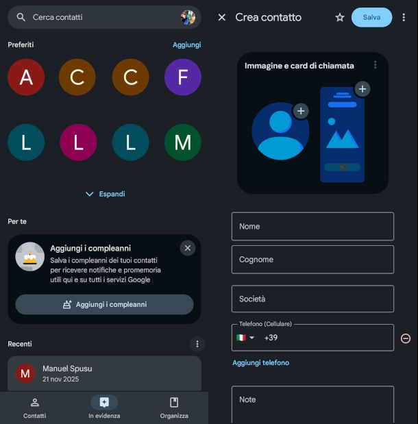 schermate app Google Contatti