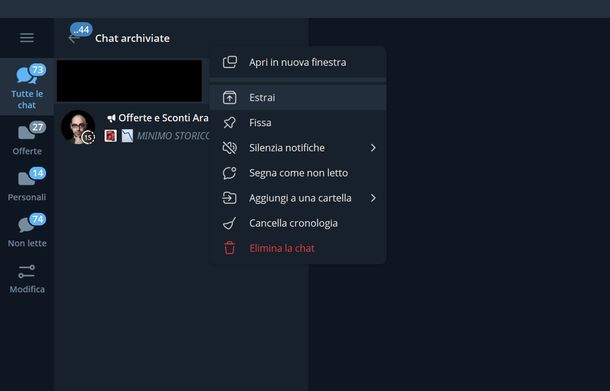 Ripristinare chat archiviata Telegram Windows