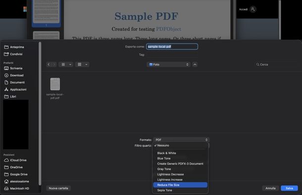 Diminuire dimensioni PDF Anteprima macOS