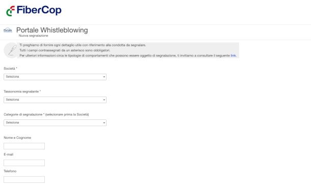 schermata portale Whistleblowing FiberCop