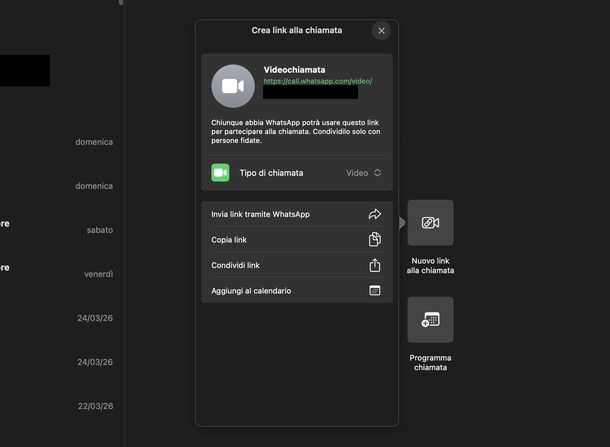 Creare link chiamata WhatsApp macOS
