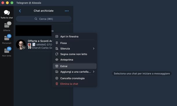 Ripristinare chat archiviata Telegram macOS