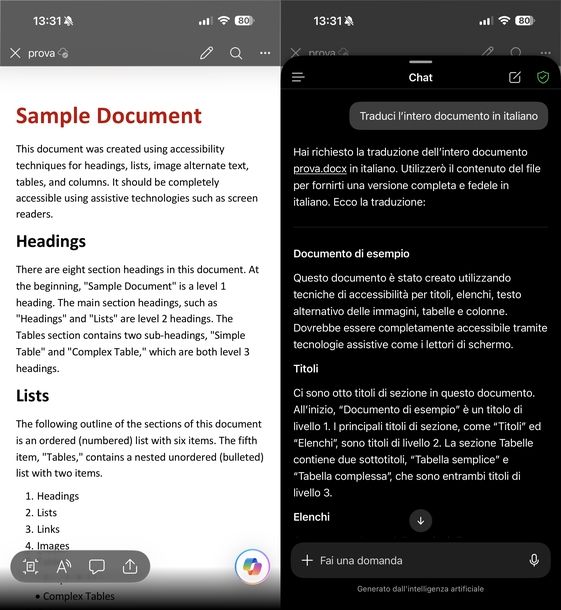 Tradurre documento Word Copilot iOS