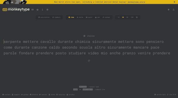 interfaccia sito Monkeytype