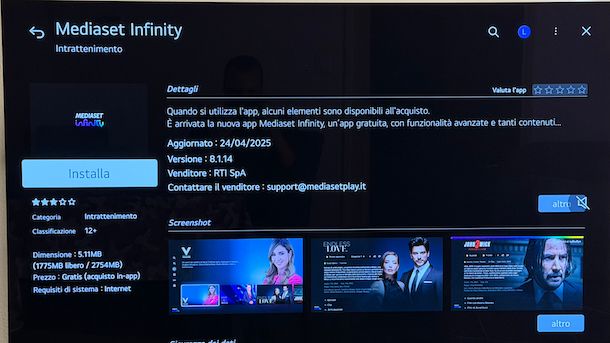 Scaricare app Mediaset Infinity Smart TV LG