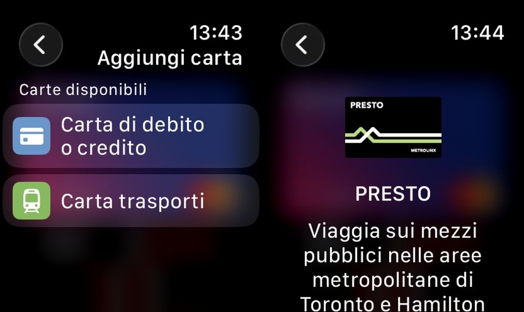 Aggiungere carta trasporti su Apple Watch Wallet