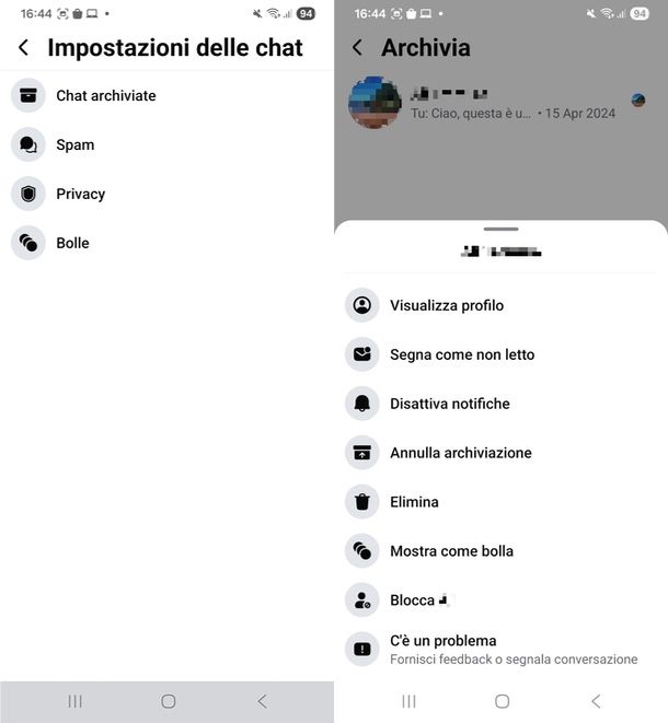 chat pagina Facebook archiviata
