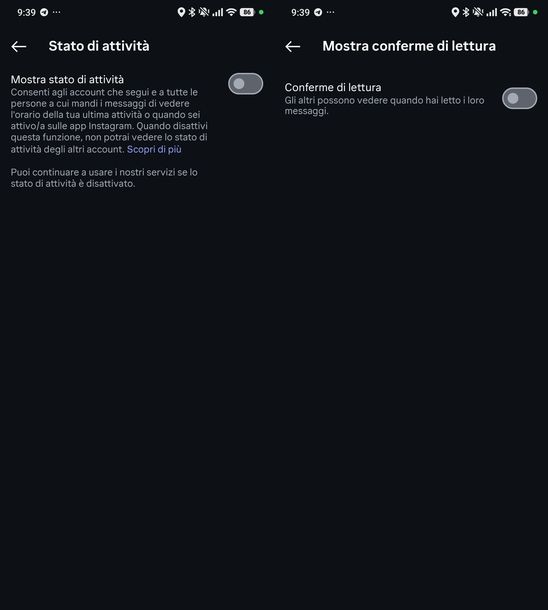Disattivare conferma lettura stato attività Instagram