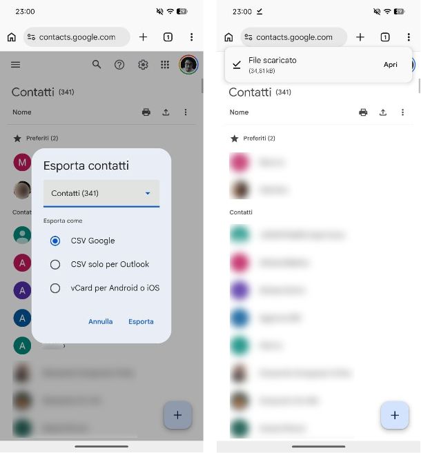 Come salvare rubrica Android in file CSV