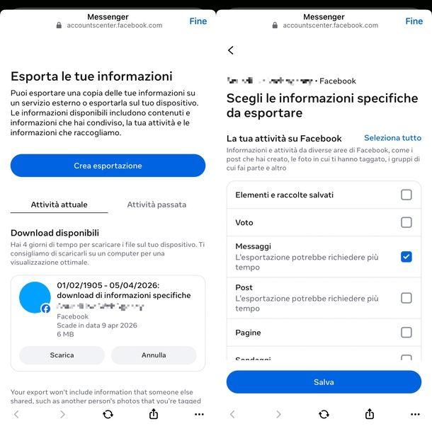 Richiedere backup Messenger app
