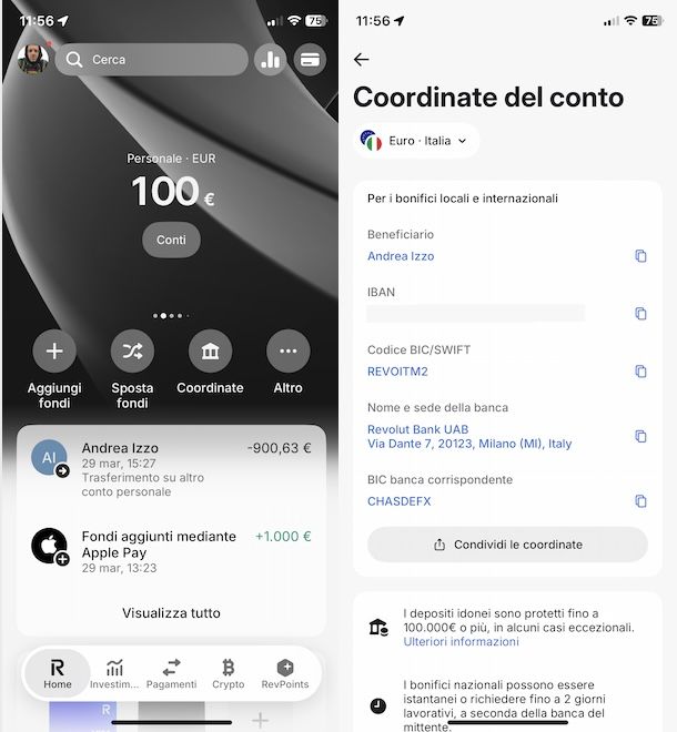 Vedere IBAN Revolut su app