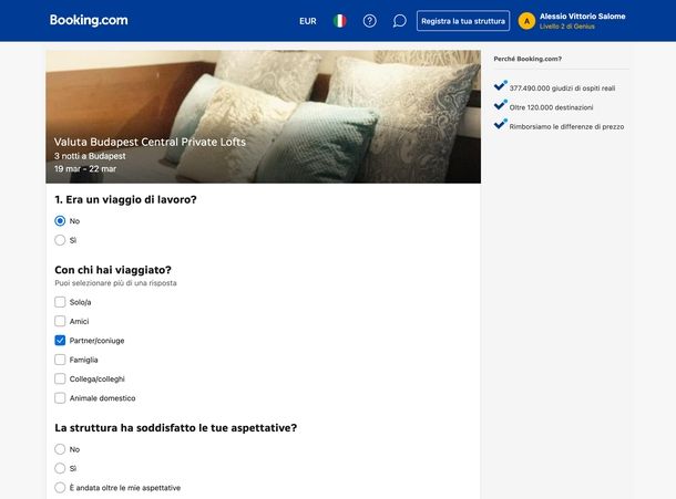 Fare recensione su Booking Web