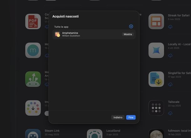 Ripristinare acquisti nascosti applicazioni macOS