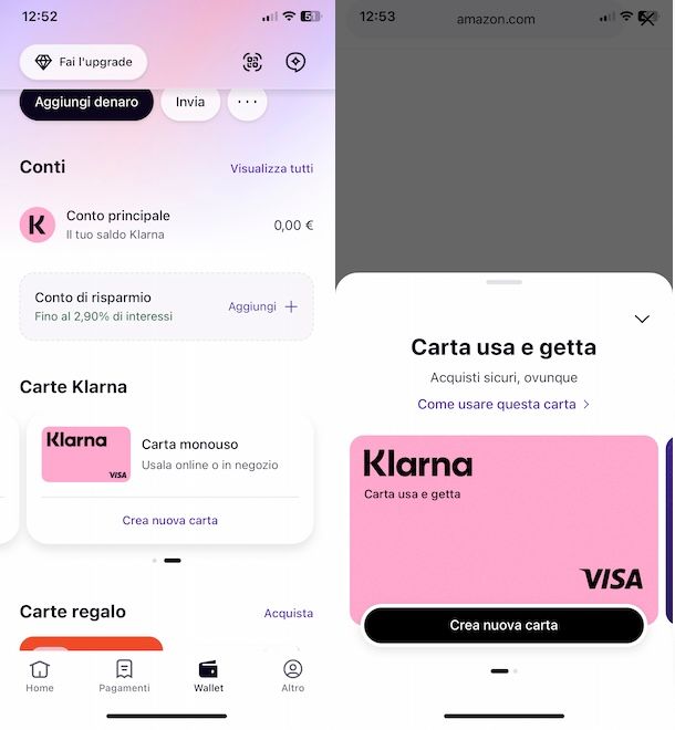 Creare una carta virtuale su Klarna