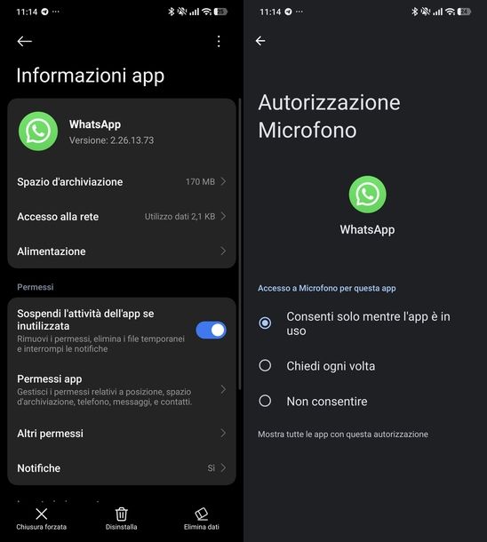 Gestire permessi app WhatsApp Android