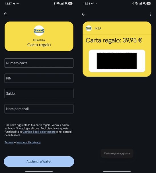 Aggiungere carta regalo su Google Wallet