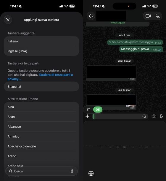 Cambiare lingua dettatura WhatsApp iOS