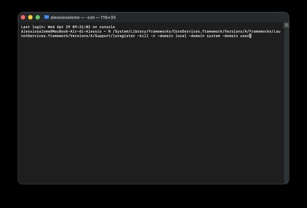 Ricostruire database Launch Services Terminale macOS
