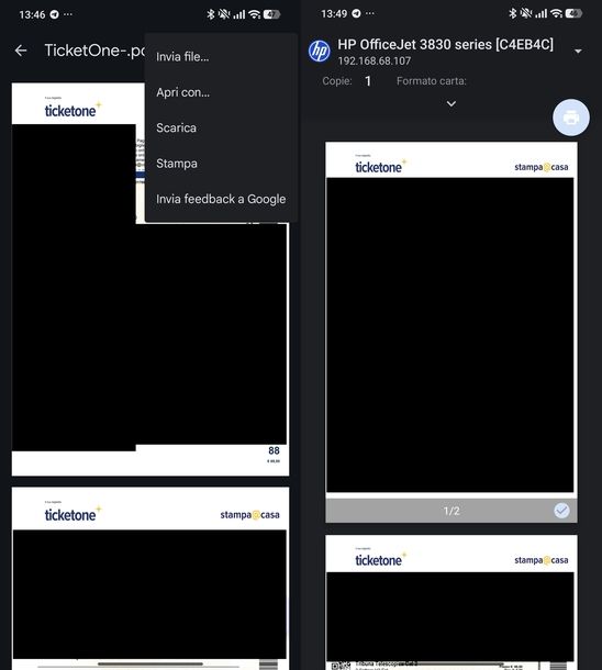 Stampare biglietti TicketOne Android