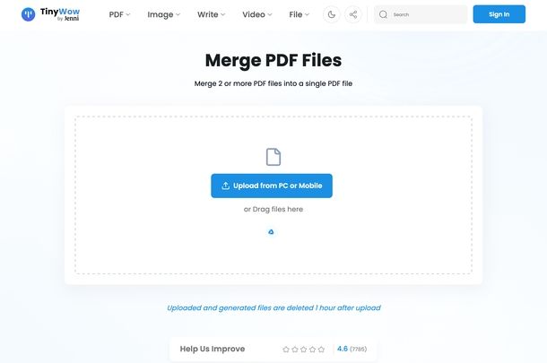 Unire PDF gratis TinyWow