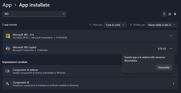 Disinstallare Microsoft 365 Copilot Windows