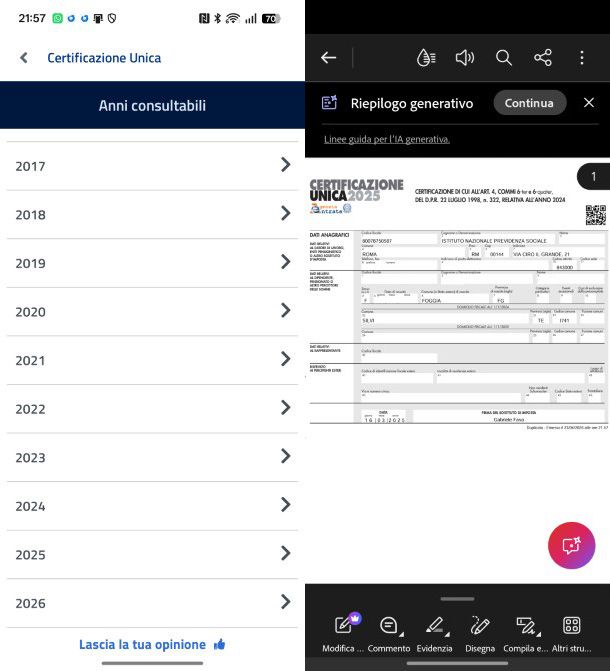 Certificazione Unica INPS Mobile