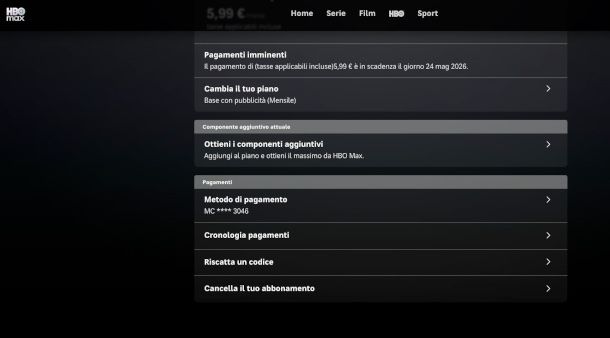 disattivazione HBO Max da sito ufficiale