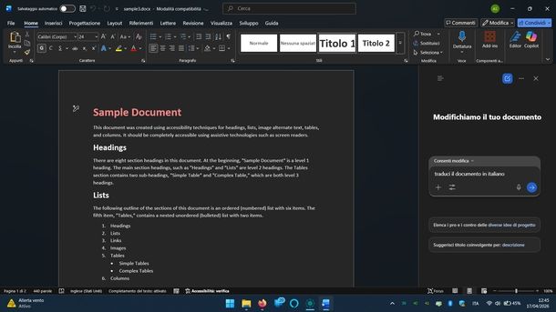 Tradurre documento Word Copilot Windows