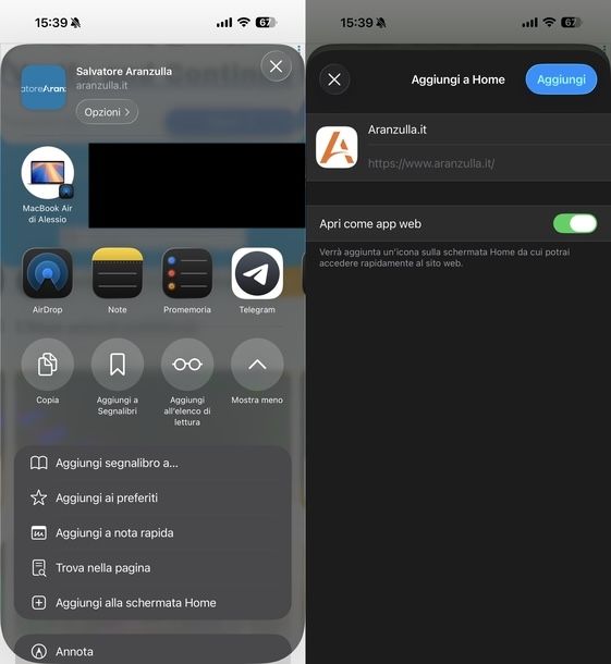 Creare collegamento sul desktop di pagina Web Safari iOS