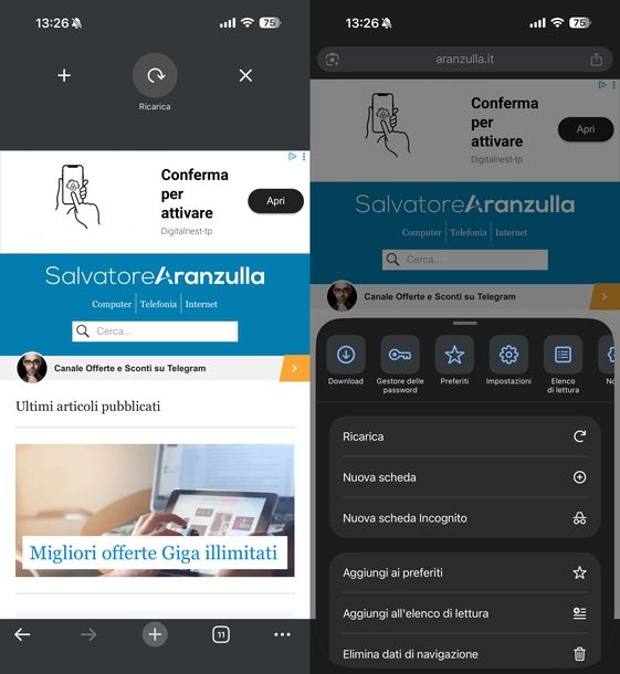 Aggiornare pagina Web Google Chrome iOS