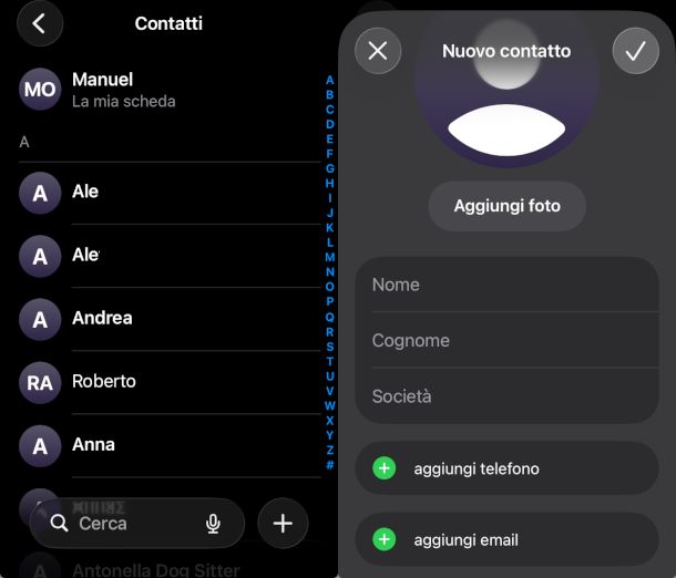 schermate app Contatti iPhone