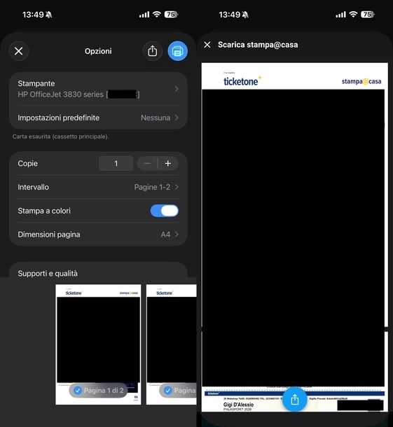Stampare biglietti TicketOne iOS