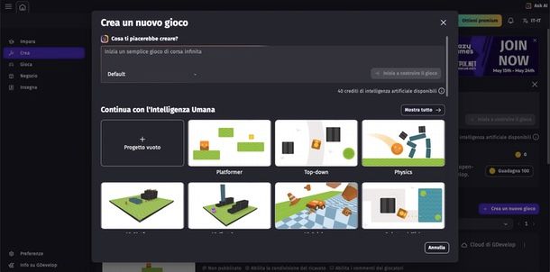 creare giochi GDevelop online