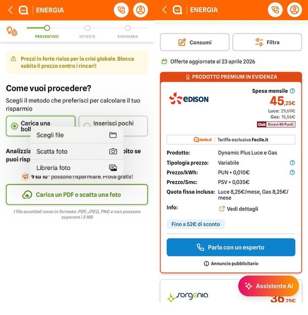 Facile.it app per confronto bollette