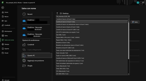 Cambiare estensione file Excel Windows